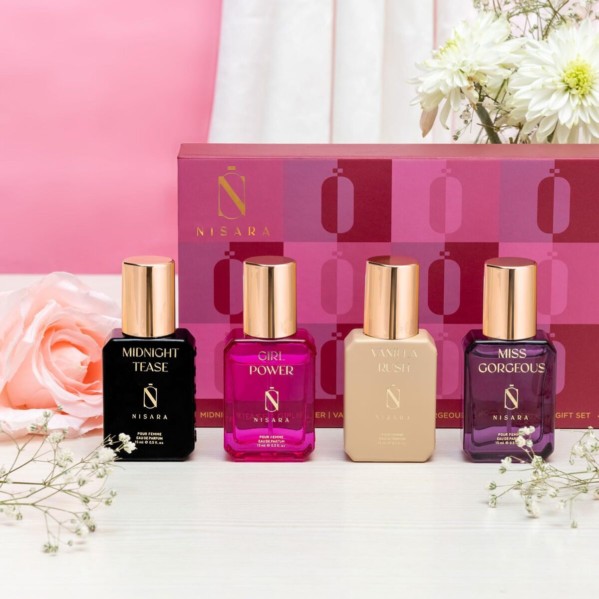 Nisara Long Lasting Women Perfume Gift Set 4x15ml(60ml) with | Midnight Tease | Girl Power | Vanilla Rush | Miss Gorgeous | Travel & Pocket friendly perfume kit for all moods & occasions | Ideal gift for Women | Valentine Gift for women, Wife, Friend, Girlfriend | Premium Perfume For Her - Image 4