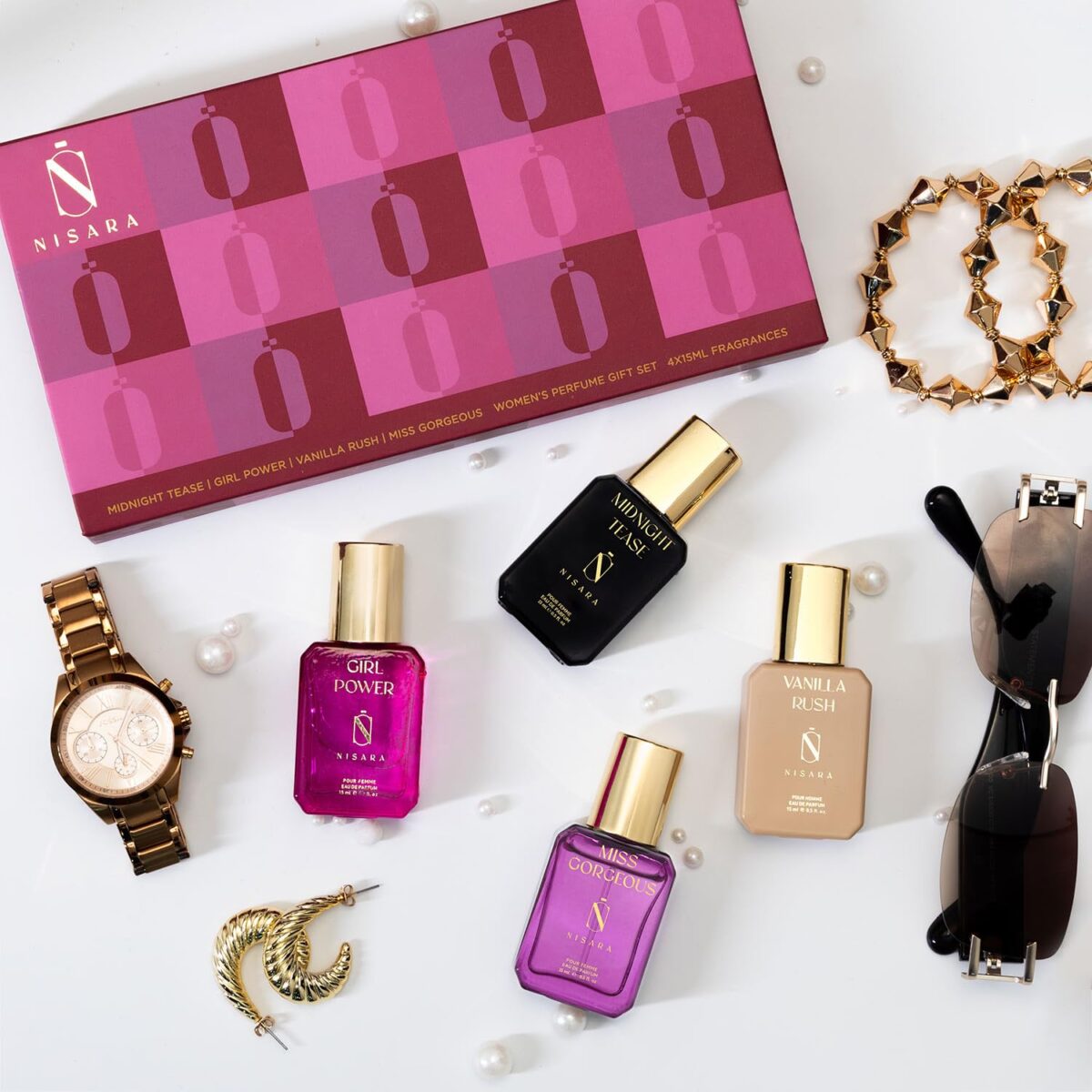 Nisara Long Lasting Women Perfume Gift Set 4x15ml(60ml) with | Midnight Tease | Girl Power | Vanilla Rush | Miss Gorgeous | Travel & Pocket friendly perfume kit for all moods & occasions | Ideal gift for Women | Valentine Gift for women, Wife, Friend, Girlfriend | Premium Perfume For Her - Image 2