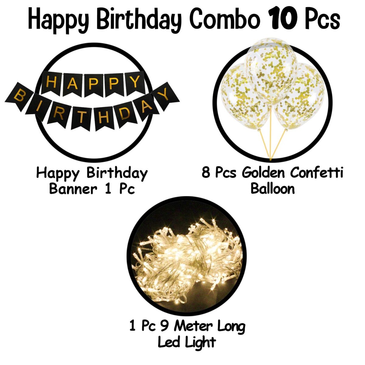 Birthday Decoration Items - Happy Birthday Banner (Cardstock), Golden Confetti Balloons with Led Light| Decoration Items for Husband Wife Boy Girl Women Men - Balloons Golden, 10 Pieces - Image 5