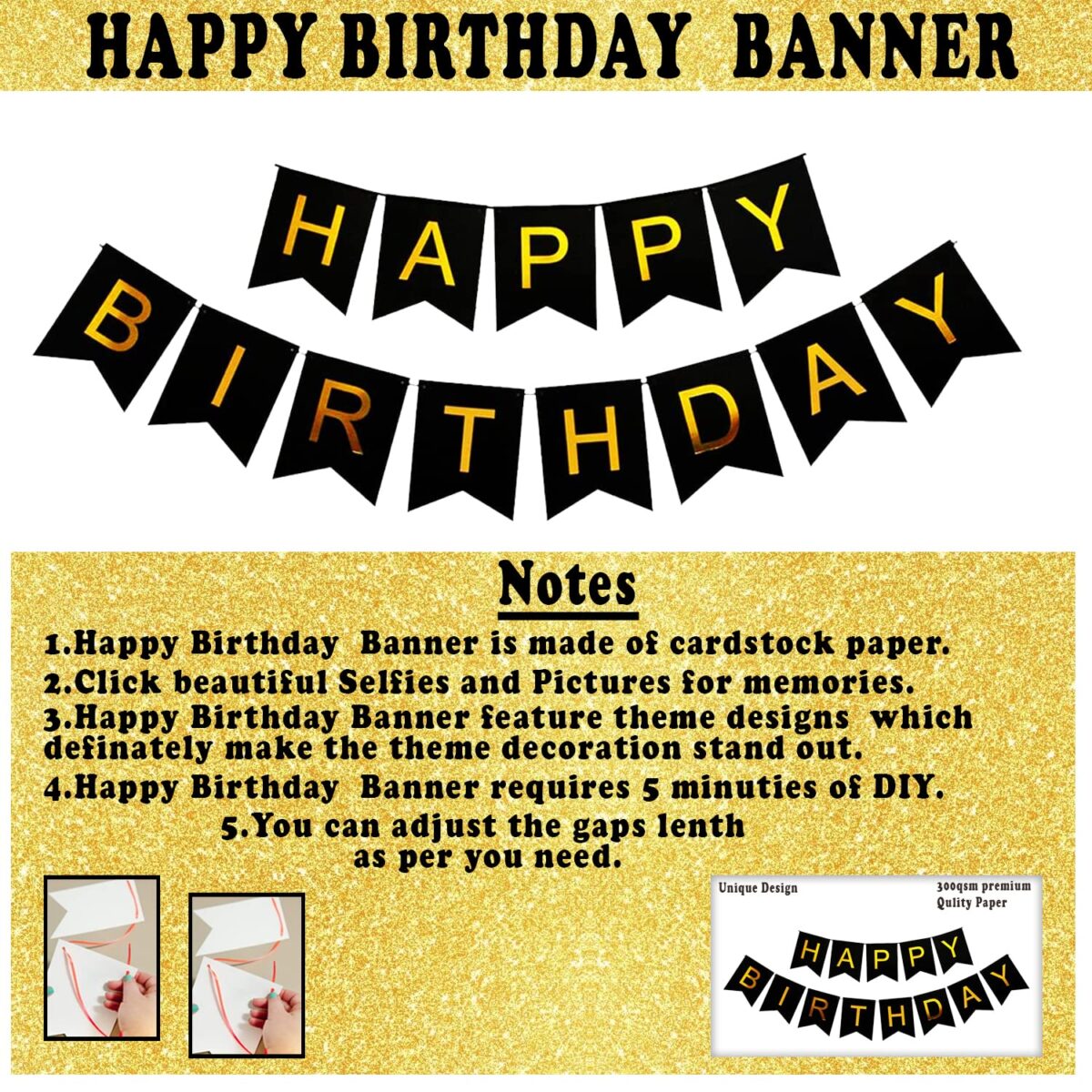 Birthday Decoration Items - Happy Birthday Banner (Cardstock), Golden Confetti Balloons with Led Light| Decoration Items for Husband Wife Boy Girl Women Men - Balloons Golden, 10 Pieces - Image 4